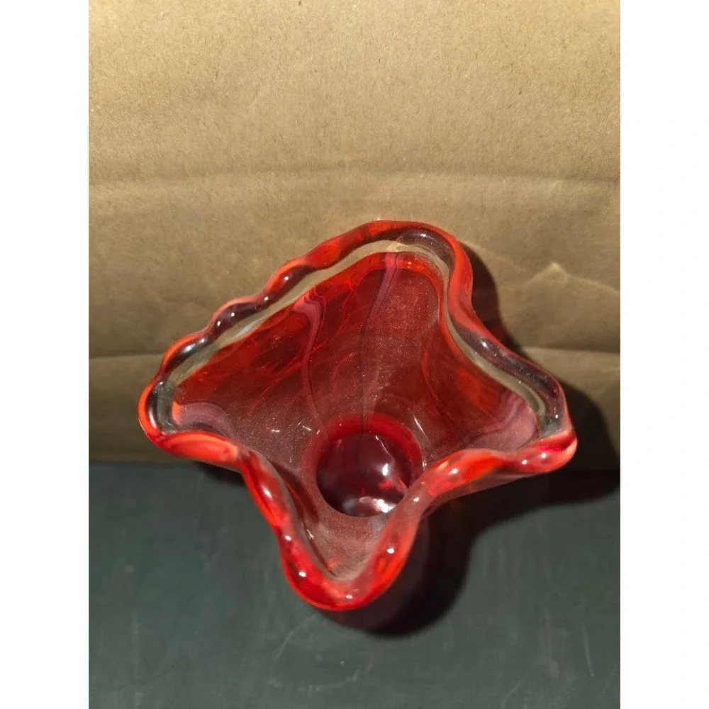 Vintage Red Art Glass Bud Vase Ruffled Rim Hand Blown 6 Inch Home Decor